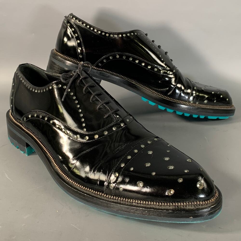 JOHN RICHMOND Size 11 Black Rhinestone Patent Leather Cap Toe Lace Up Shoes